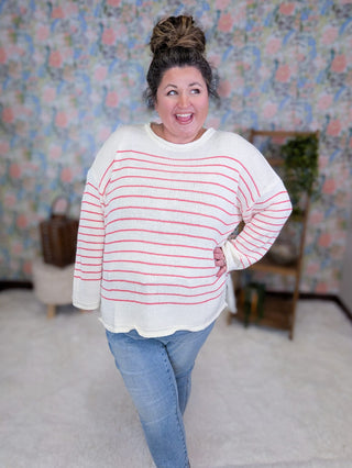 2- Long Sleeve Tops Carina Striped Sweater in Ivory & Coral Pink plus size clothing