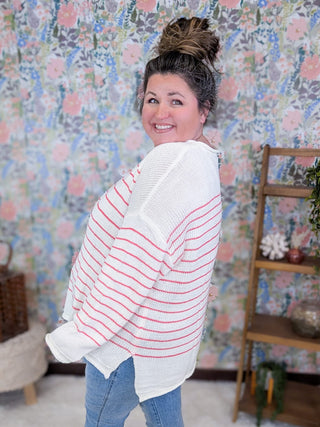 2- Long Sleeve Tops Carina Striped Sweater in Ivory & Coral Pink plus size clothing