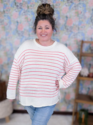 2- Long Sleeve Tops Carina Striped Sweater in Ivory & Coral Pink plus size clothing