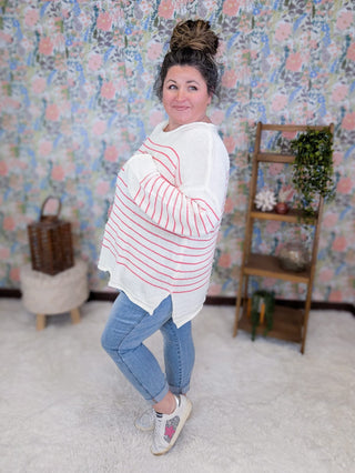 2- Long Sleeve Tops Carina Striped Sweater in Ivory & Coral Pink plus size clothing