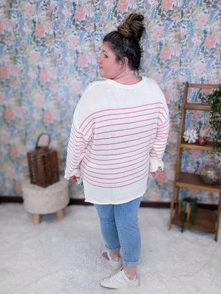 2- Long Sleeve Tops Carina Striped Sweater in Ivory & Coral Pink plus size clothing