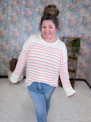 2- Long Sleeve Tops Carina Striped Sweater in Ivory & Coral Pink plus size clothing