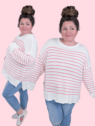 2- Long Sleeve Tops Carina Striped Sweater in Ivory & Coral Pink plus size clothing