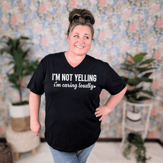 6- Graphic Tops Caring Loudly Vneck Tee on Black plus size clothing