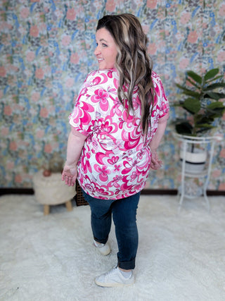 Carla V-neck Short Sleeve Dolman Top in Pink Mod Floral-1- ShortSlv/Slvless Tops-HAPTICS-Styled by Stacked - A Plus Size Women's Boutique in Lakeville, MN