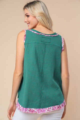Carlie Striped Tank w/Floral Accent-1- ShortSlv/Slvless Tops-WHITE BIRCH-Styled by Stacked - A Plus Size Women's Boutique in Lakeville, MN