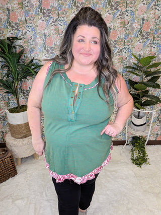 Carlie Striped Tank w/Floral Accent-1- ShortSlv/Slvless Tops-WHITE BIRCH-Styled by Stacked - A Plus Size Women's Boutique in Lakeville, MN