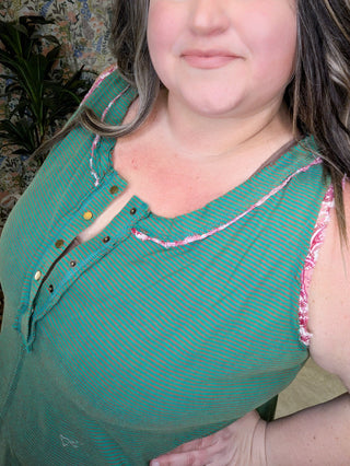 Carlie Striped Tank w/Floral Accent-1- ShortSlv/Slvless Tops-WHITE BIRCH-Styled by Stacked - A Plus Size Women's Boutique in Lakeville, MN