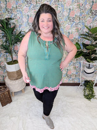 Carlie Striped Tank w/Floral Accent-1- ShortSlv/Slvless Tops-WHITE BIRCH-Styled by Stacked - A Plus Size Women's Boutique in Lakeville, MN
