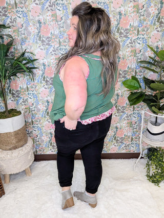 Carlie Striped Tank w/Floral Accent-1- ShortSlv/Slvless Tops-WHITE BIRCH-Styled by Stacked - A Plus Size Women's Boutique in Lakeville, MN