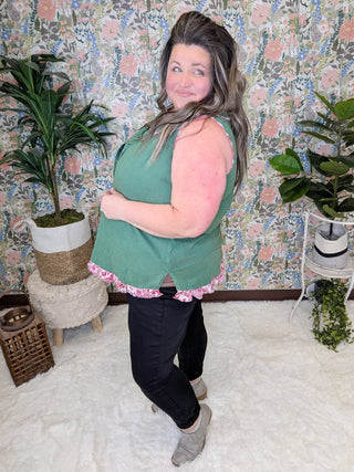 Carlie Striped Tank w/Floral Accent-1- ShortSlv/Slvless Tops-WHITE BIRCH-Styled by Stacked - A Plus Size Women's Boutique in Lakeville, MN