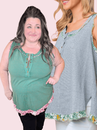 Carlie Striped Tank w/Floral Accent-1- ShortSlv/Slvless Tops-WHITE BIRCH-Styled by Stacked - A Plus Size Women's Boutique in Lakeville, MN