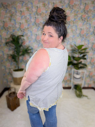 Carlie Striped Tank w/Floral Accent-1- ShortSlv/Slvless Tops-WHITE BIRCH-Styled by Stacked - A Plus Size Women's Boutique in Lakeville, MN