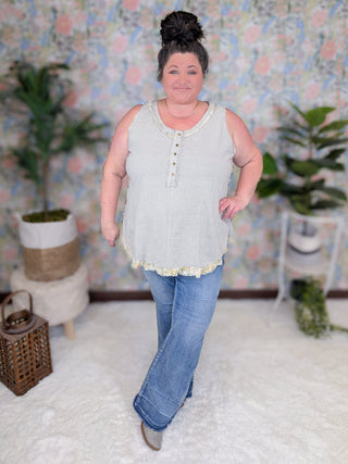 Carlie Striped Tank w/Floral Accent-1- ShortSlv/Slvless Tops-WHITE BIRCH-Styled by Stacked - A Plus Size Women's Boutique in Lakeville, MN