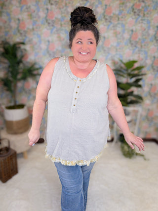 Carlie Striped Tank w/Floral Accent-1- ShortSlv/Slvless Tops-WHITE BIRCH-Styled by Stacked - A Plus Size Women's Boutique in Lakeville, MN