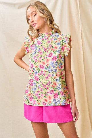 Carol Ruffled Mockneck Floral Cap Sleeve Top (3 Colors)-1- ShortSlv/Slvless Tops-LOVELY MELODY-Styled by Stacked - A Plus Size Women's Boutique in Lakeville, MN