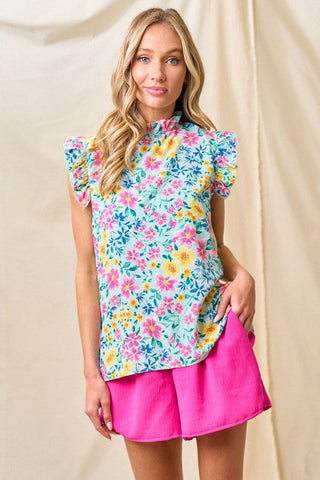 Carol Ruffled Mockneck Floral Cap Sleeve Top (3 Colors)-1- ShortSlv/Slvless Tops-LOVELY MELODY-Styled by Stacked - A Plus Size Women's Boutique in Lakeville, MN