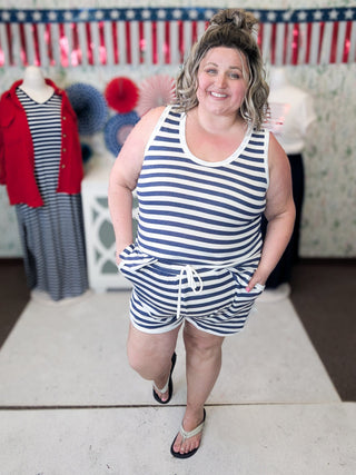 Caroline Scoopneck Tank + Shorts Set in Stripe Navy-11- Dress/Romp/Jump-WHITE BIRCH-Styled by Stacked - A Plus Size Women's Boutique in Lakeville, MN