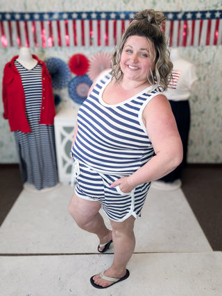 Caroline Scoopneck Tank + Shorts Set in Stripe Navy-11- Dress/Romp/Jump-WHITE BIRCH-Styled by Stacked - A Plus Size Women's Boutique in Lakeville, MN