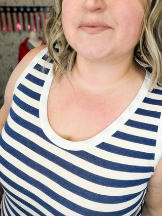 Caroline Scoopneck Tank + Shorts Set in Stripe Navy-11- Dress/Romp/Jump-WHITE BIRCH-Styled by Stacked - A Plus Size Women's Boutique in Lakeville, MN