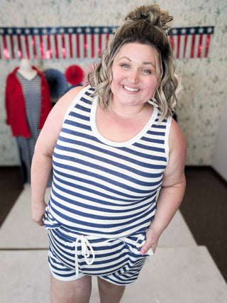Caroline Scoopneck Tank + Shorts Set in Stripe Navy-11- Dress/Romp/Jump-WHITE BIRCH-Styled by Stacked - A Plus Size Women's Boutique in Lakeville, MN