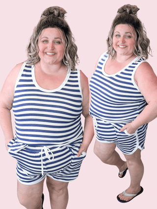 Caroline Scoopneck Tank + Shorts Set in Stripe Navy-11- Dress/Romp/Jump-WHITE BIRCH-Styled by Stacked - A Plus Size Women's Boutique in Lakeville, MN
