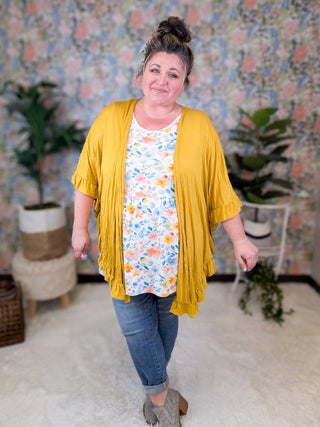 Casey Ruffle Trim Open Cardigan in Mustard-4- Overlayer Tops-HEIMISH-Styled by Stacked - A Plus Size Women's Boutique in Lakeville, MN