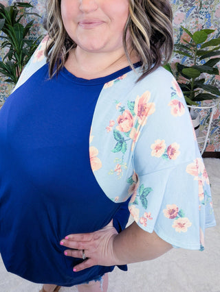 Cassandra Blue Tunic w/Blue Floral Sleeves-SHORT SLEEVE TOPS-voll-Styled by Stacked - A Plus Size Women's Boutique in Lakeville, MN