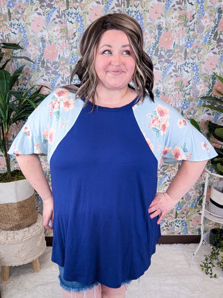 Cassandra Blue Tunic w/Blue Floral Sleeves-SHORT SLEEVE TOPS-voll-Styled by Stacked - A Plus Size Women's Boutique in Lakeville, MN