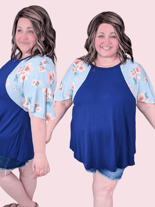 Cassandra Blue Tunic w/Blue Floral Sleeves-SHORT SLEEVE TOPS-voll-Styled by Stacked - A Plus Size Women's Boutique in Lakeville, MN