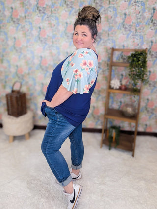 SHORT SLEEVE TOPS Cassandra Blue Tunic w/Blue Floral Sleeves plus size clothing