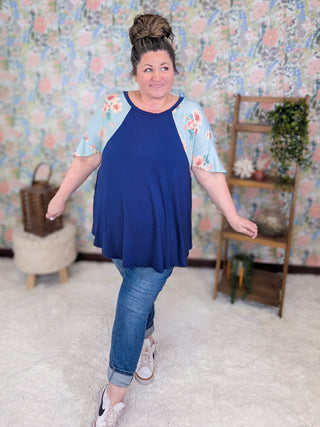 SHORT SLEEVE TOPS Cassandra Blue Tunic w/Blue Floral Sleeves plus size clothing