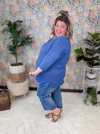 Cassia Vneck 3/4 Sleeve Pocket Tee in Denim Blue-1- ShortSlv/Slvless Tops-SEW IN LOVE-Styled by Stacked - A Plus Size Women's Boutique in Lakeville, MN