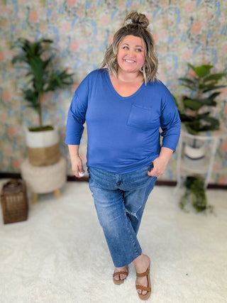 Cassia Vneck 3/4 Sleeve Pocket Tee in Denim Blue-1- ShortSlv/Slvless Tops-SEW IN LOVE-Styled by Stacked - A Plus Size Women's Boutique in Lakeville, MN