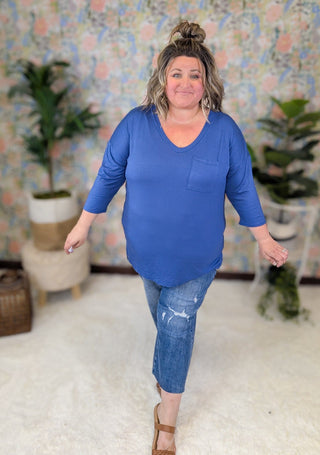 Cassia Vneck 3/4 Sleeve Pocket Tee in Denim Blue-1- ShortSlv/Slvless Tops-SEW IN LOVE-Styled by Stacked - A Plus Size Women's Boutique in Lakeville, MN