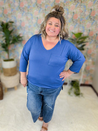 Cassia Vneck 3/4 Sleeve Pocket Tee in Denim Blue-1- ShortSlv/Slvless Tops-SEW IN LOVE-Styled by Stacked - A Plus Size Women's Boutique in Lakeville, MN