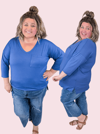 Cassia Vneck 3/4 Sleeve Pocket Tee in Denim Blue-1- ShortSlv/Slvless Tops-SEW IN LOVE-Styled by Stacked - A Plus Size Women's Boutique in Lakeville, MN
