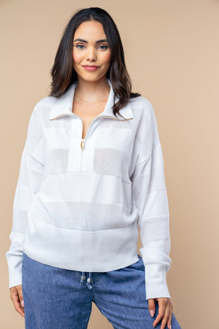 2- Long Sleeve Tops Catalina Collared Zip Top in Monochrome Stripes in White plus size clothing