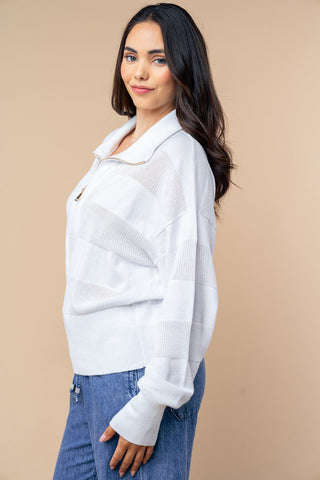 2- Long Sleeve Tops Catalina Collared Zip Top in Monochrome Stripes in White plus size clothing