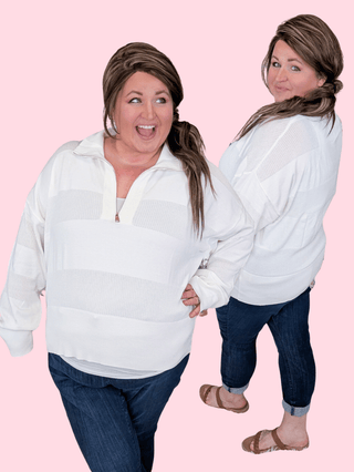 2- Long Sleeve Tops Catalina Collared Zip Top in Monochrome Stripes in White plus size clothing