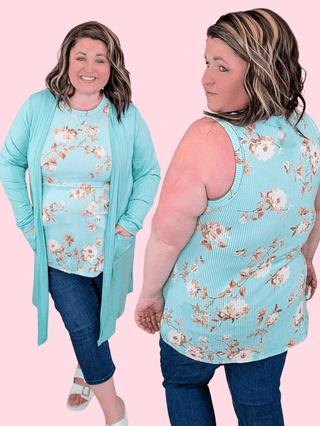 1- ShortSlv/Slvless Tops Caterina High Neck Floral Tank in Aqua plus size clothing