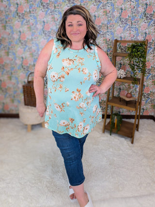 1- ShortSlv/Slvless Tops Caterina High Neck Floral Tank in Aqua plus size clothing