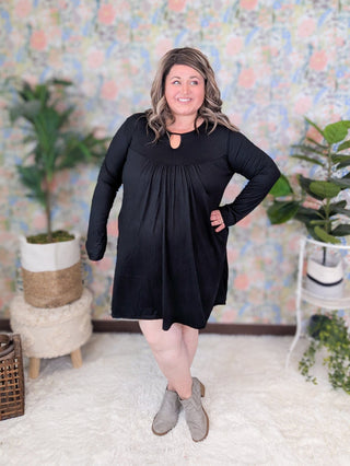 Cece Lightweight Long Sleeve Black Dress w/Keyhole-11- Dress/Romp/Jump-WHITE BIRCH-Styled by Stacked - A Plus Size Women's Boutique in Lakeville, MN