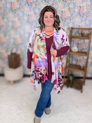 4- Overlayer Tops Cecily Painted Floral Kimono plus size clothing