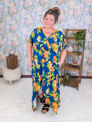 11- Dress/Romp/Jump Celeste High-Low Maxi Dress in Navy Citrus plus size clothing