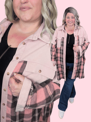 Celia Pink Plaid Longline Buttondown-4- Overlayer Tops-WHITE BIRCH-Styled by Stacked - A Plus Size Women's Boutique in Lakeville, MN