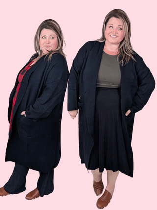 Celine Longline Coatigan w/Pockets in Black-4- Overlayer Tops-WHITE BIRCH-Styled by Stacked - A Plus Size Women's Boutique in Lakeville, MN