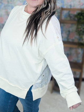 Chandi Cream Boho Pullover w/Embroidered Back-2- Long Sleeve Tops-WHITE BIRCH-Styled by Stacked - A Plus Size Women's Boutique in Lakeville, MN