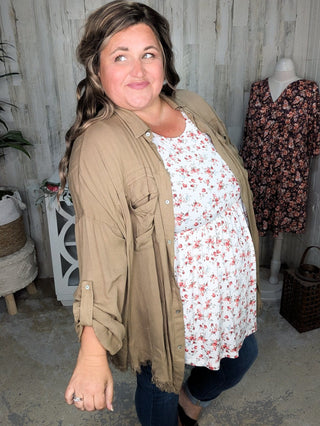 Charlene Fringe Bottom Lightest Buttondown (4 colors)-2- Long Sleeve Tops-WHITE BIRCH-Styled by Stacked - A Plus Size Women's Boutique in Lakeville, MN