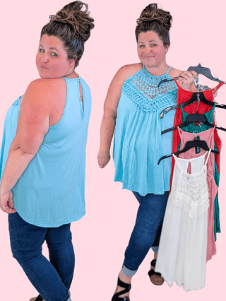1- ShortSlv/Slvless Tops Charlize Lace Detail Flowy Halter Tank (5 Colors) plus size clothing